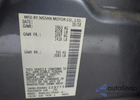 2019 Nissan Altima Sv from USA, damaged, VIN 1N4BL4DV6KC119773